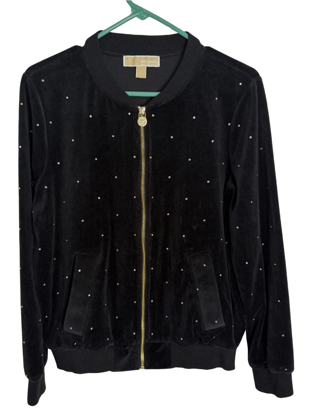 MICHAEL Michael Kors Studded Black Long Sleeve Zip Up Velour Jacket Size Large